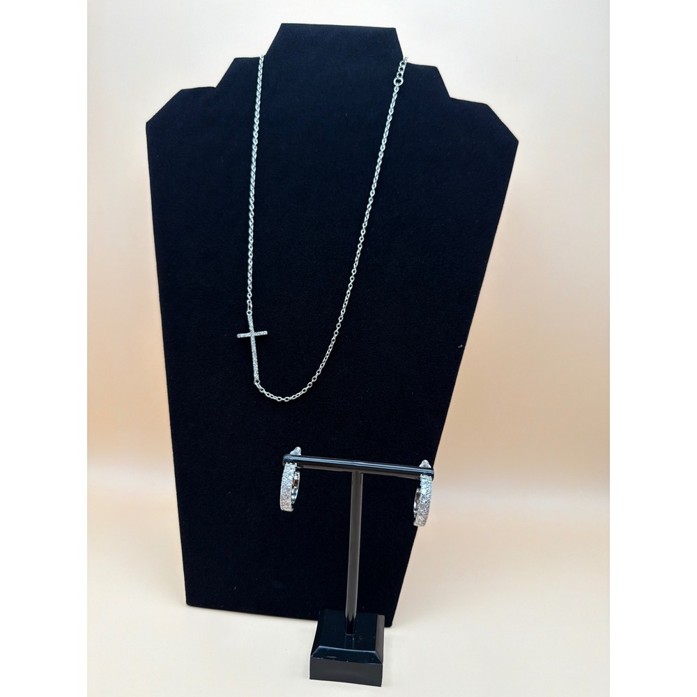 Silver Tone Rhinestone Side Cross Necklace and Hoop Earrings Jewelry Set‎